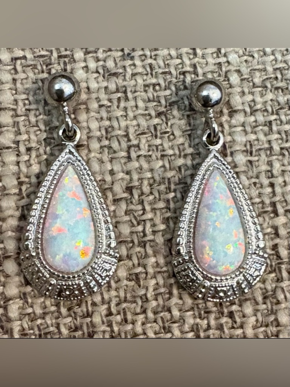 White Fire Opal Silver Teardrop Dangle Earrings, Like New!